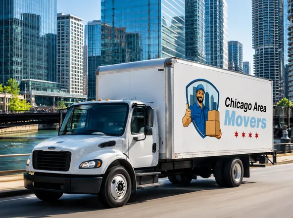 Chicago Area Movers truck driving through downtown Chicago
