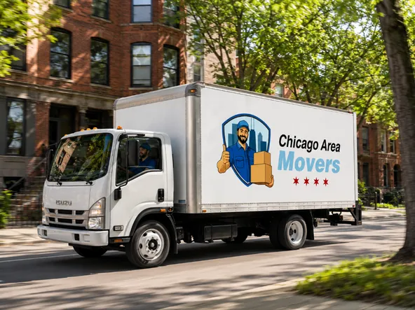 Chicago Area Movers truck driving down a tree-lined Chicago street