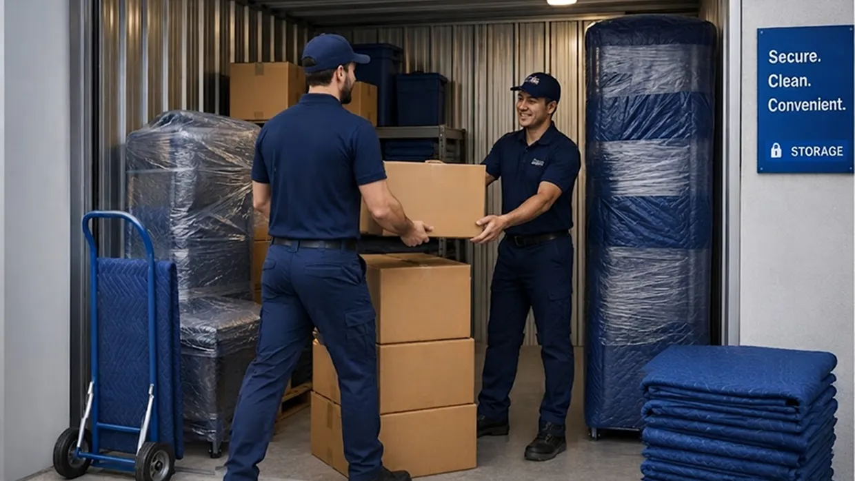 Two movers handing a box between them inside a storage unit with wrapped furniture and moving blankets