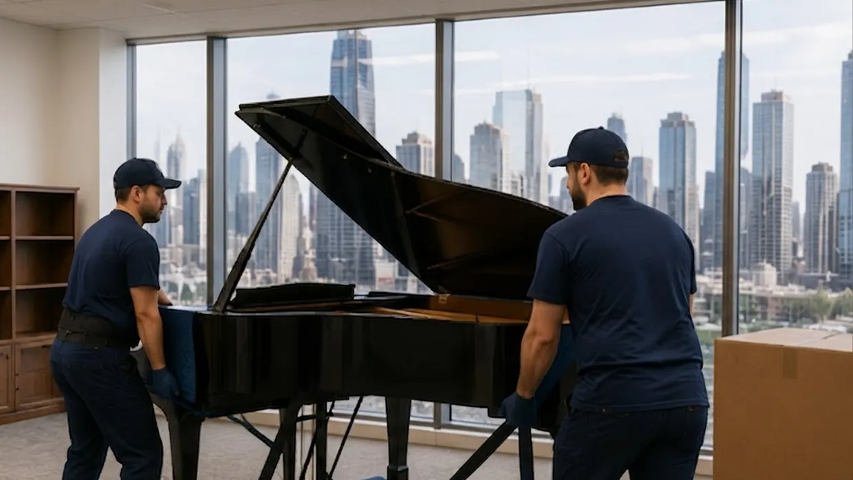 Two Chicago Area Movers crew members lifting a grand piano in front of a Chicago skyline window