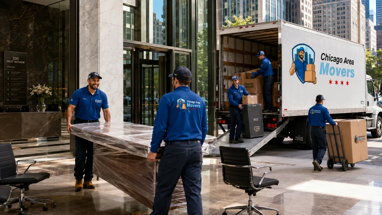 Chicago Area Movers crew carrying a wrapped table into a downtown office lobby with the truck unloading behind