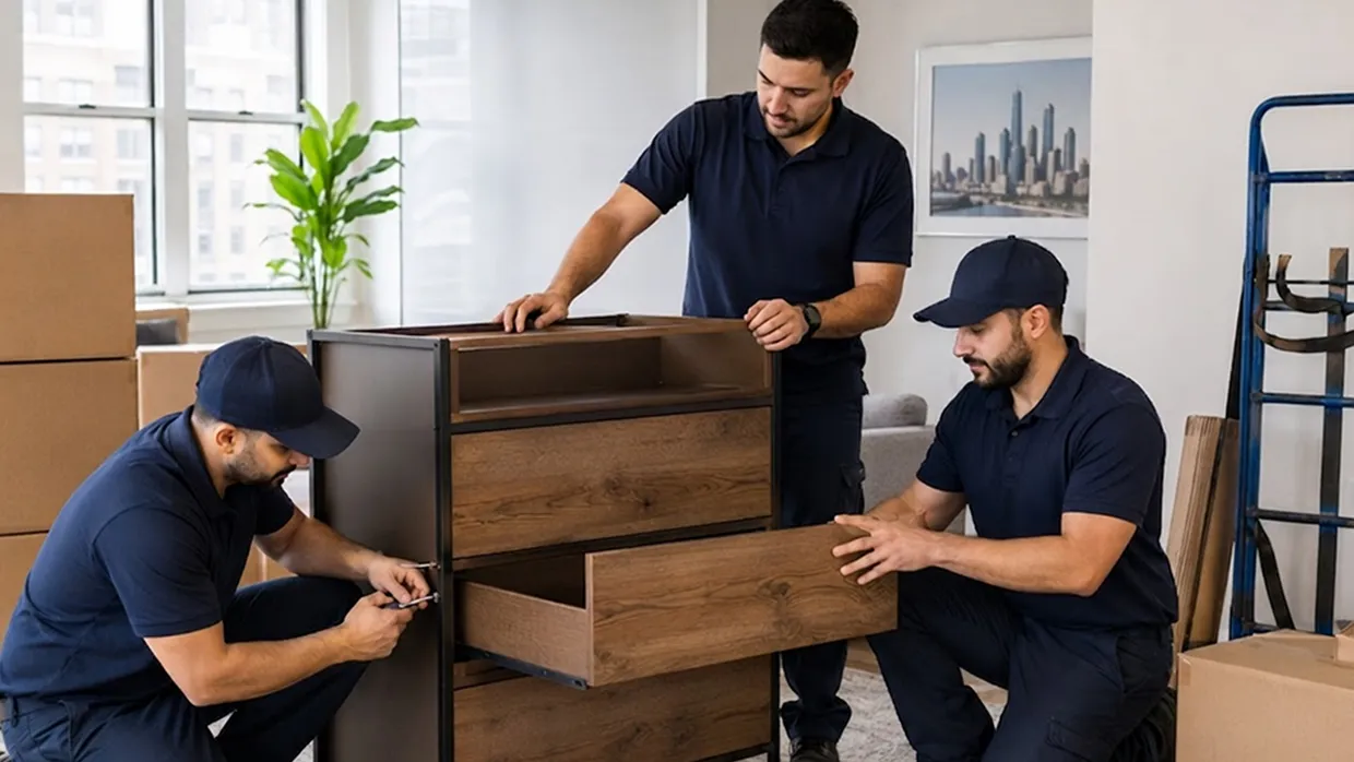 Three movers assembling a wood and metal dresser in a bright Chicago apartment