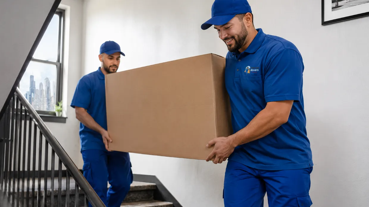 Two Chicago Area Movers crew carrying a large box up a stairwell with a Chicago skyline in the window