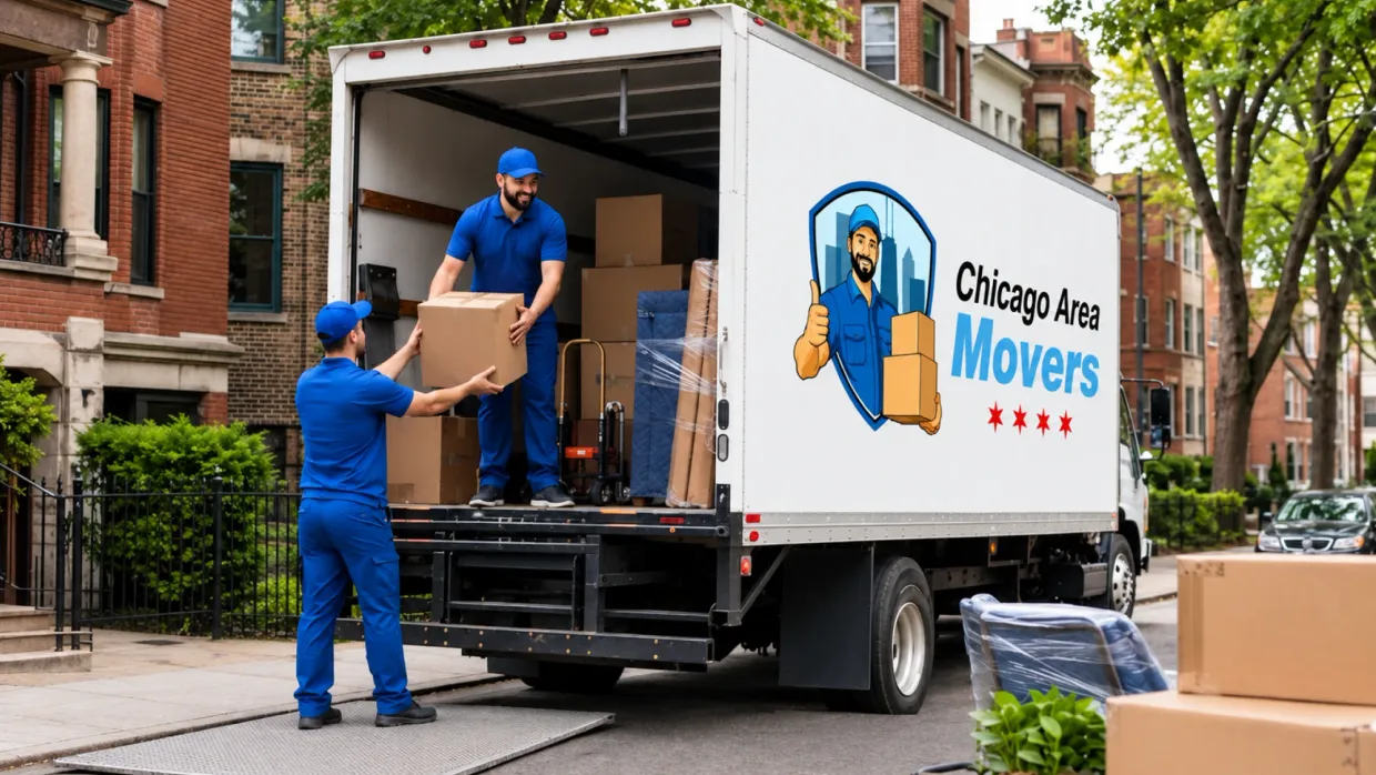 Two Chicago Area Movers crew members passing a box from a truck lift gate on a brick-lined Chicago street