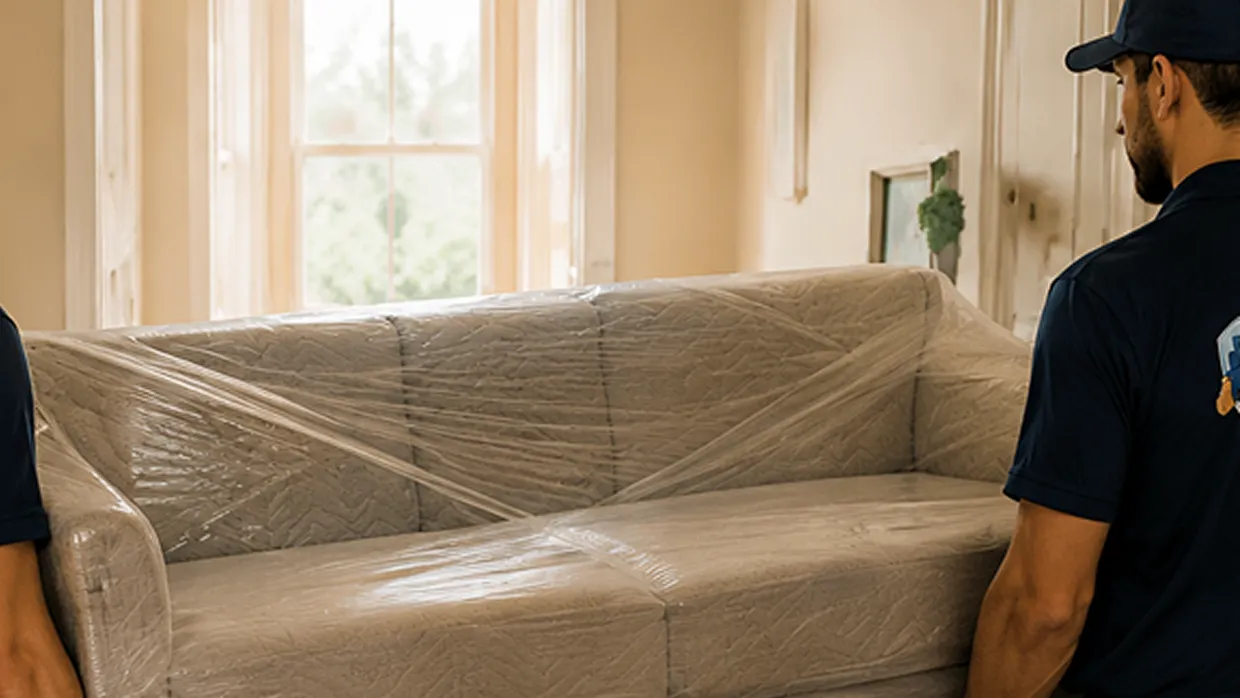 Two movers in navy uniforms carrying a plastic-wrapped sofa through a sunny living room