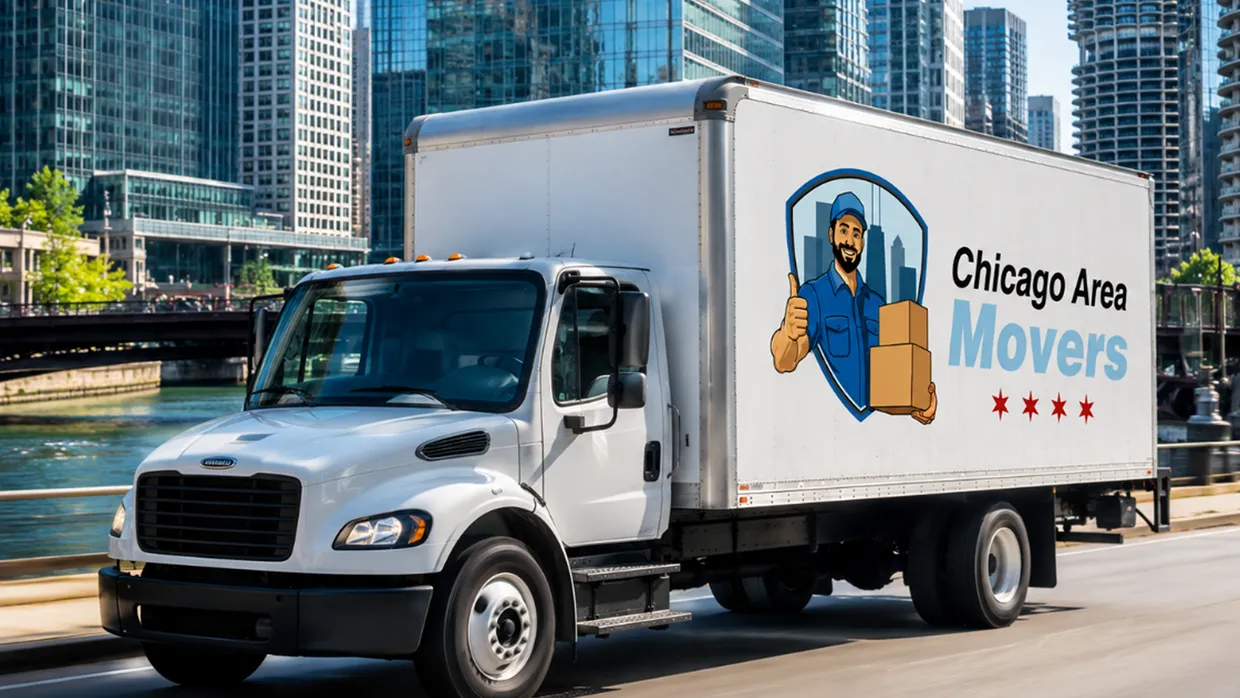 Chicago Area Movers box truck driving along the Chicago River with downtown towers behind