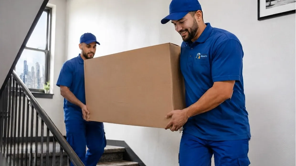 Two Chicago Area Movers crew carrying a large box up a stairwell with a Chicago skyline window