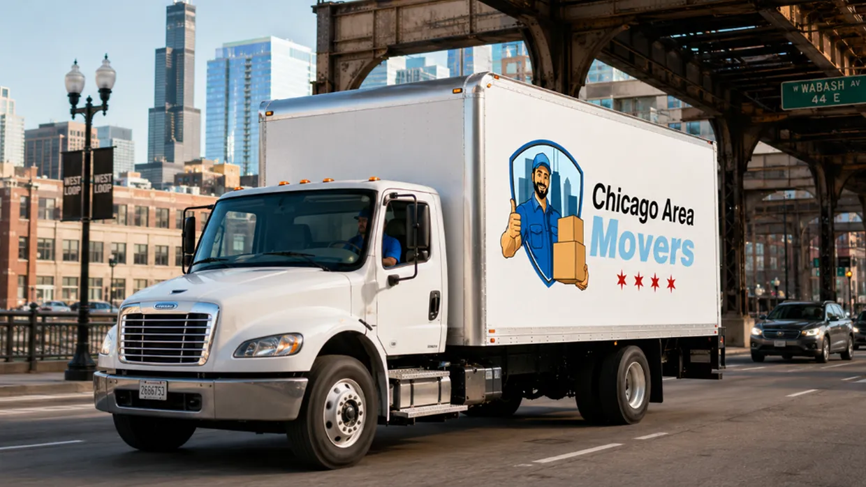 Chicago Area Movers box truck driving under an elevated train structure in downtown Chicago