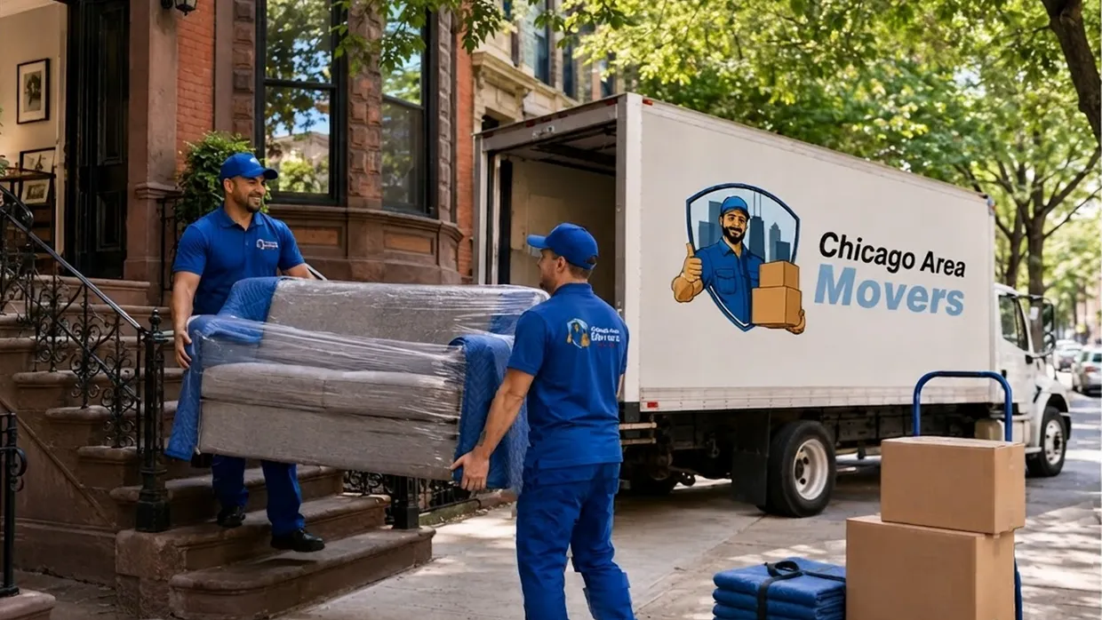 Chicago Area Movers crew carrying a plastic-wrapped sofa down brownstone steps to the branded truck