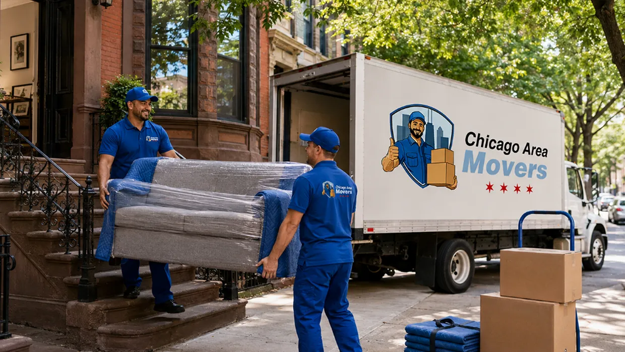Chicago Area Movers crew carrying a plastic-wrapped sofa down brownstone steps toward the branded truck