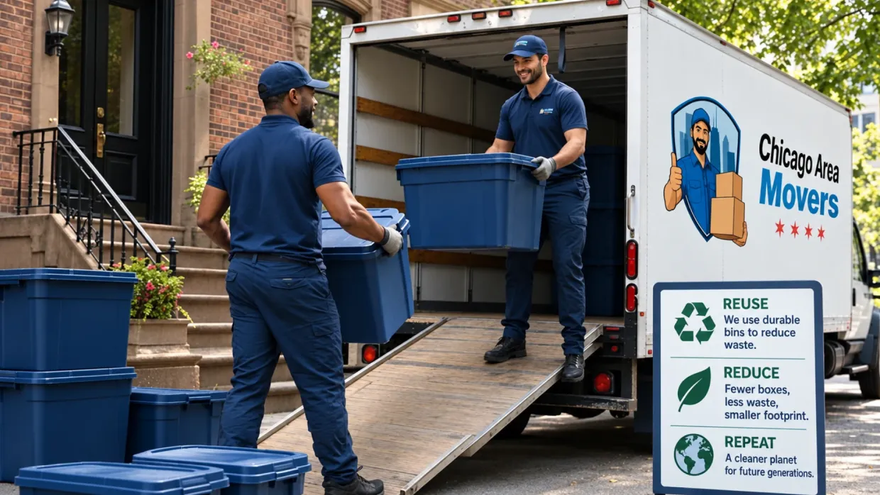 Two Chicago Area Movers crew members carrying blue reusable bins down a truck ramp beside a reuse, reduce, repeat sign