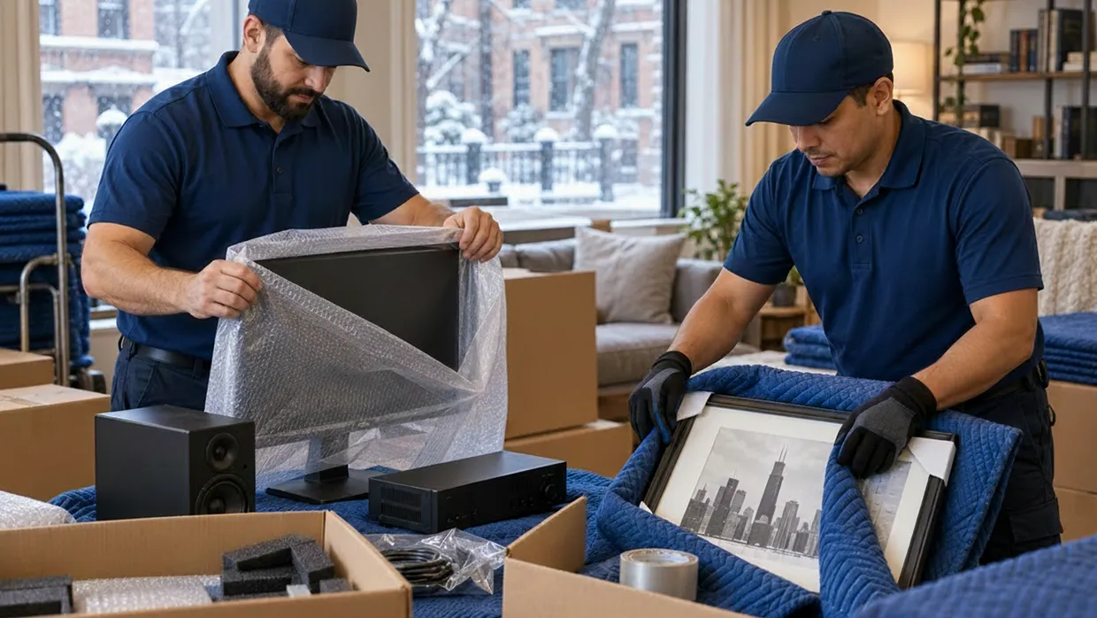 Two movers wrapping a monitor in bubble wrap and a framed Chicago skyline print in a moving blanket