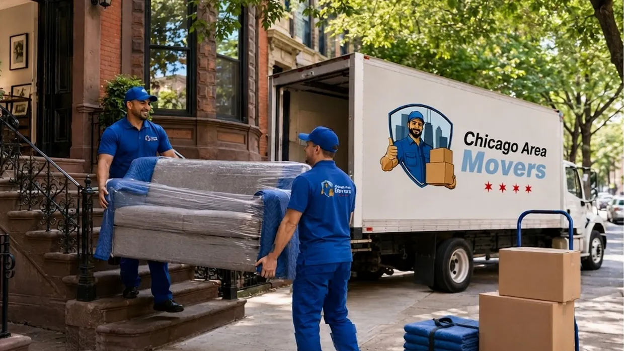 Chicago Area Movers crew carrying a wrapped sofa down brownstone stairs beside the branded truck
