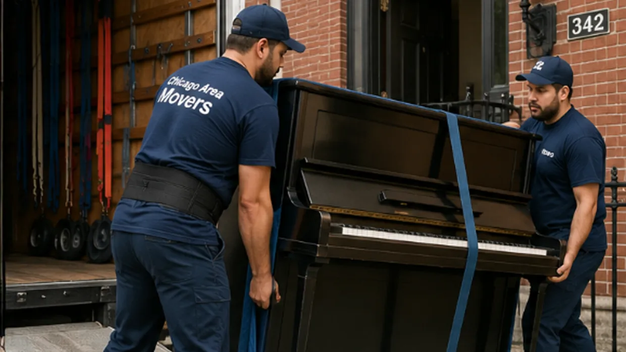 Chicago Area Movers crew carrying a strapped upright piano out of a brick home
