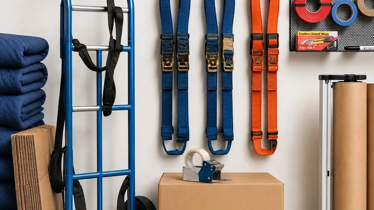Moving blankets, hand truck, ratchet straps, tape dispenser and kraft paper roll displayed on a wall