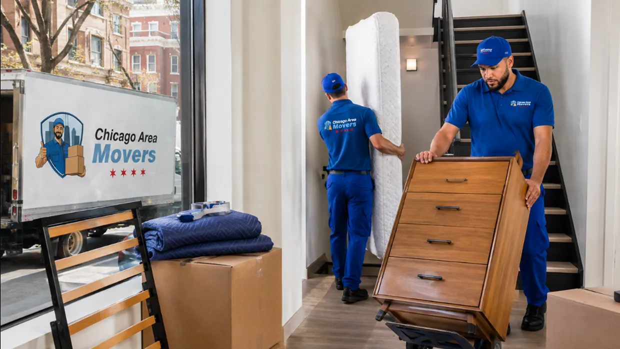Chicago Area Movers crew carrying a mattress and a wood dresser on a hand truck inside an apartment