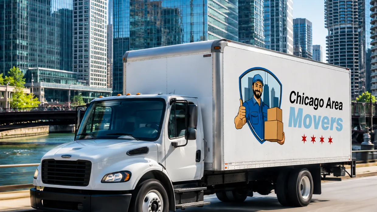 Chicago Area Movers box truck driving along the Chicago River with downtown towers behind