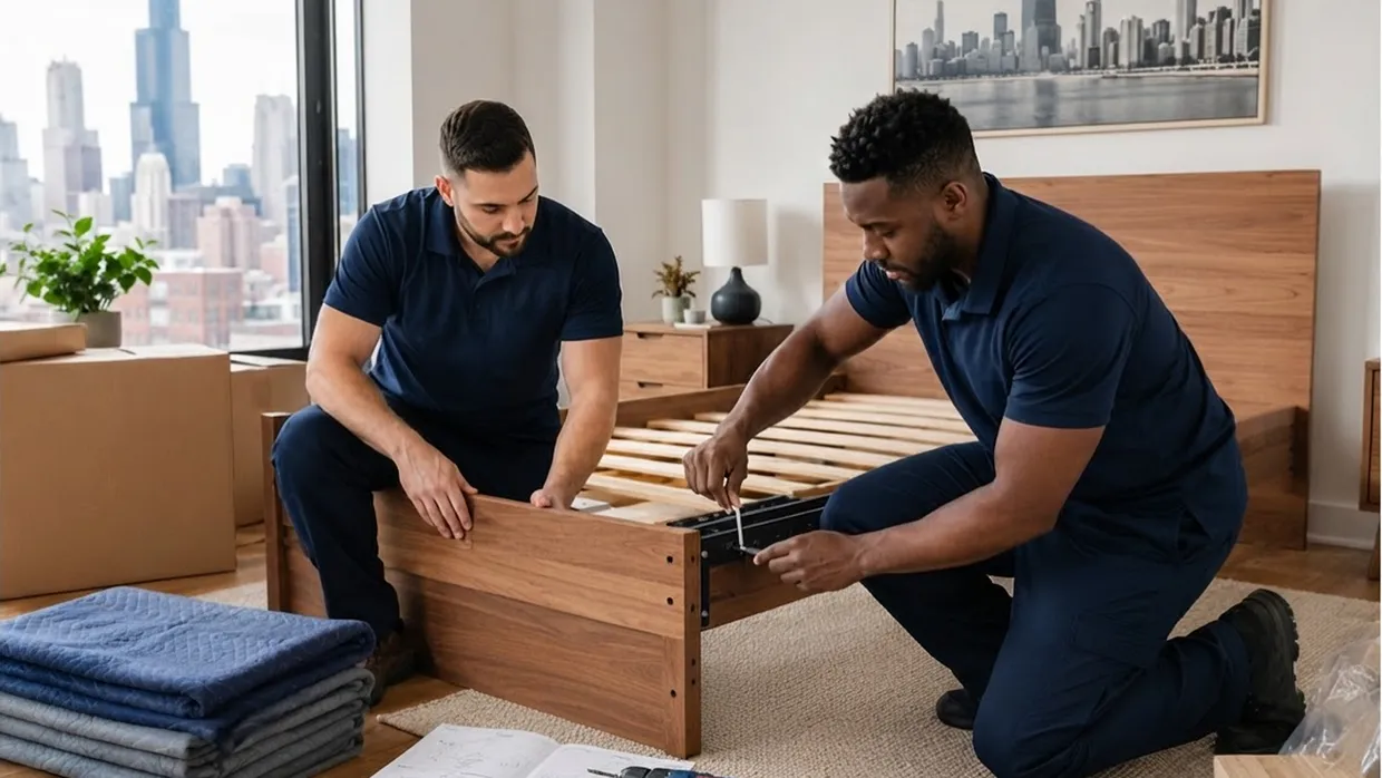 Two movers assembling a wood bed frame with hand tools in a bedroom with skyline windows