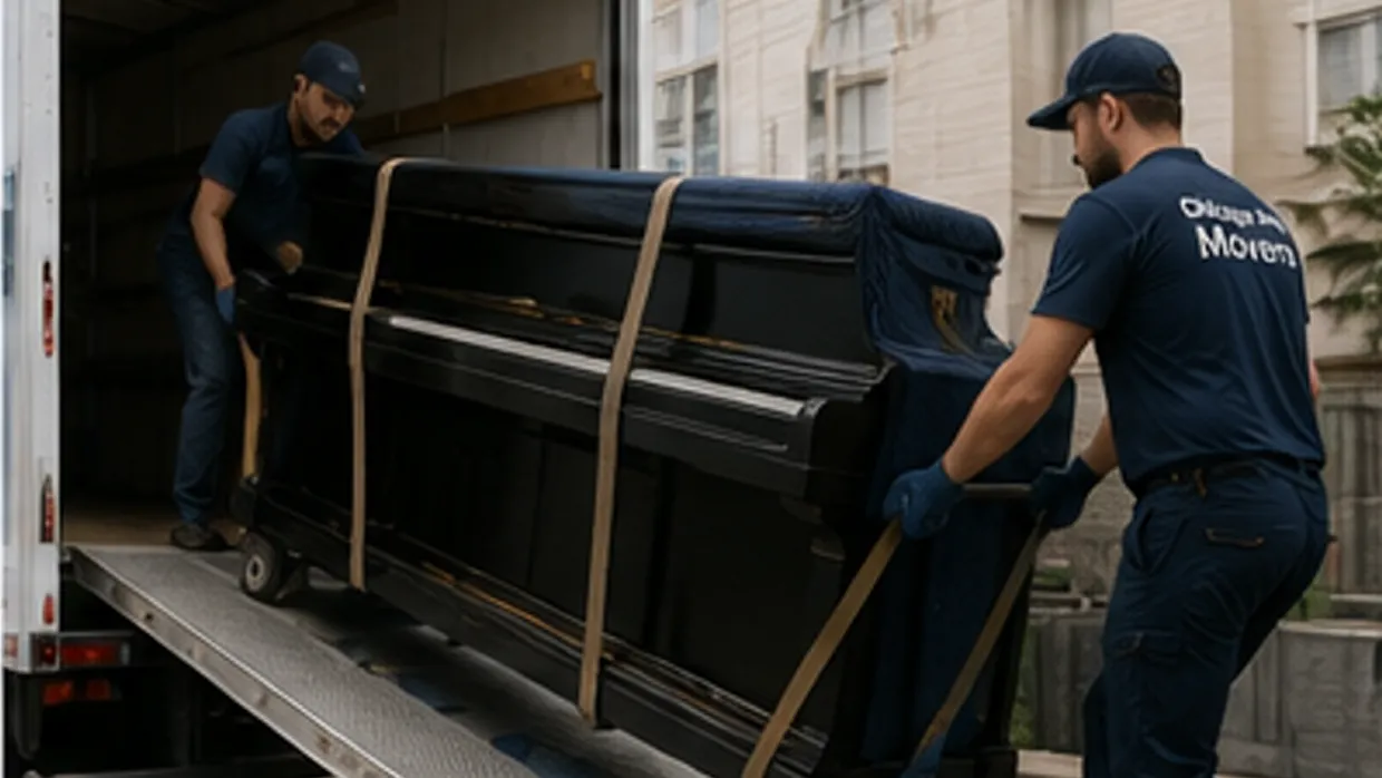 Movers in Chicago Area Movers shirts strapping and rolling a wrapped upright piano down a truck ramp