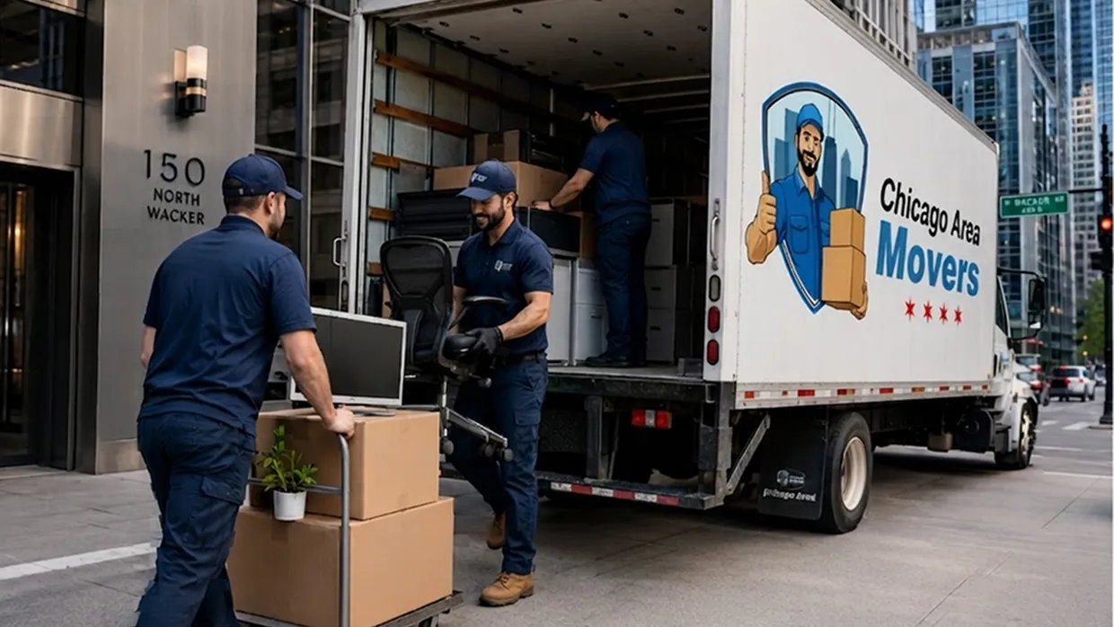 Chicago Area Movers crew unloading office chairs, a monitor and boxes from a truck at a downtown office building