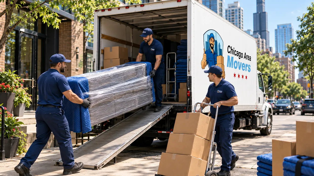 Chicago Area Movers crew unloading a blanket-wrapped couch down a truck ramp on a Chicago street