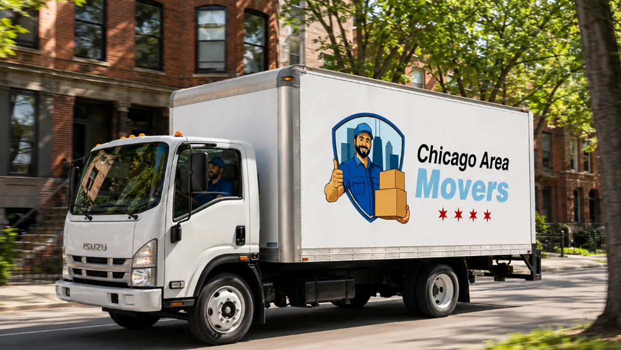Chicago Area Movers Isuzu box truck driving down a tree-lined Chicago street of brick buildings