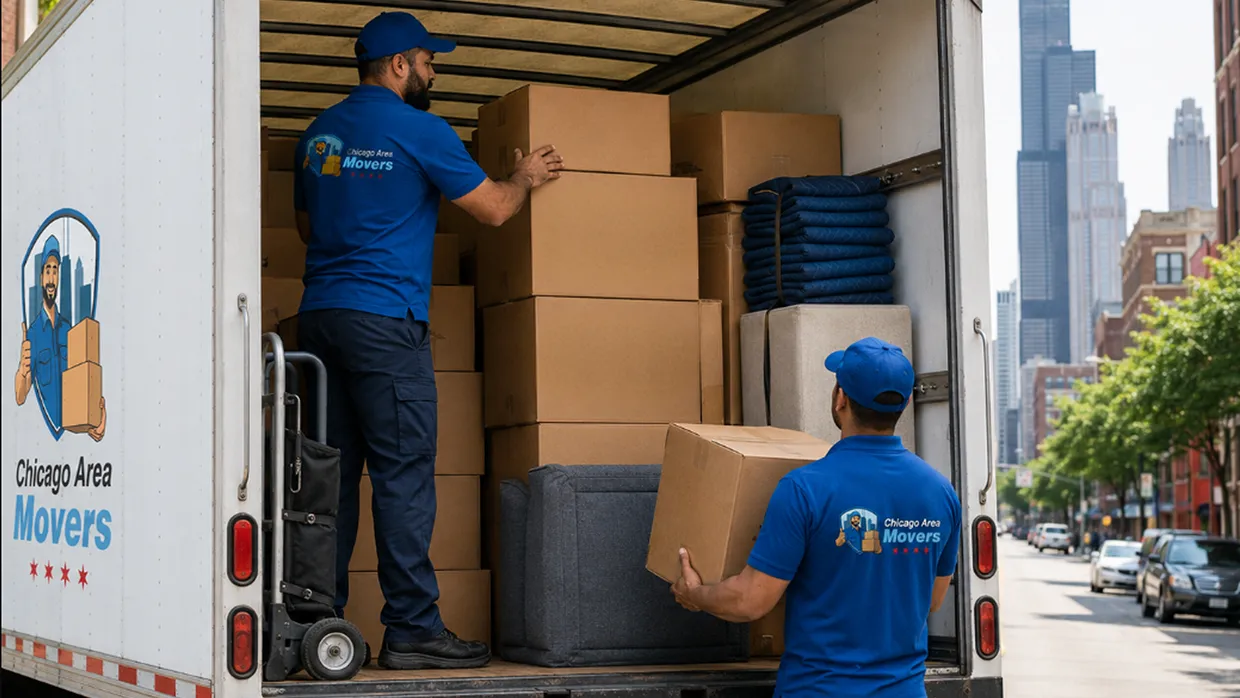 Two Chicago Area Movers crew loading boxes and blankets into a truck on a downtown Chicago street