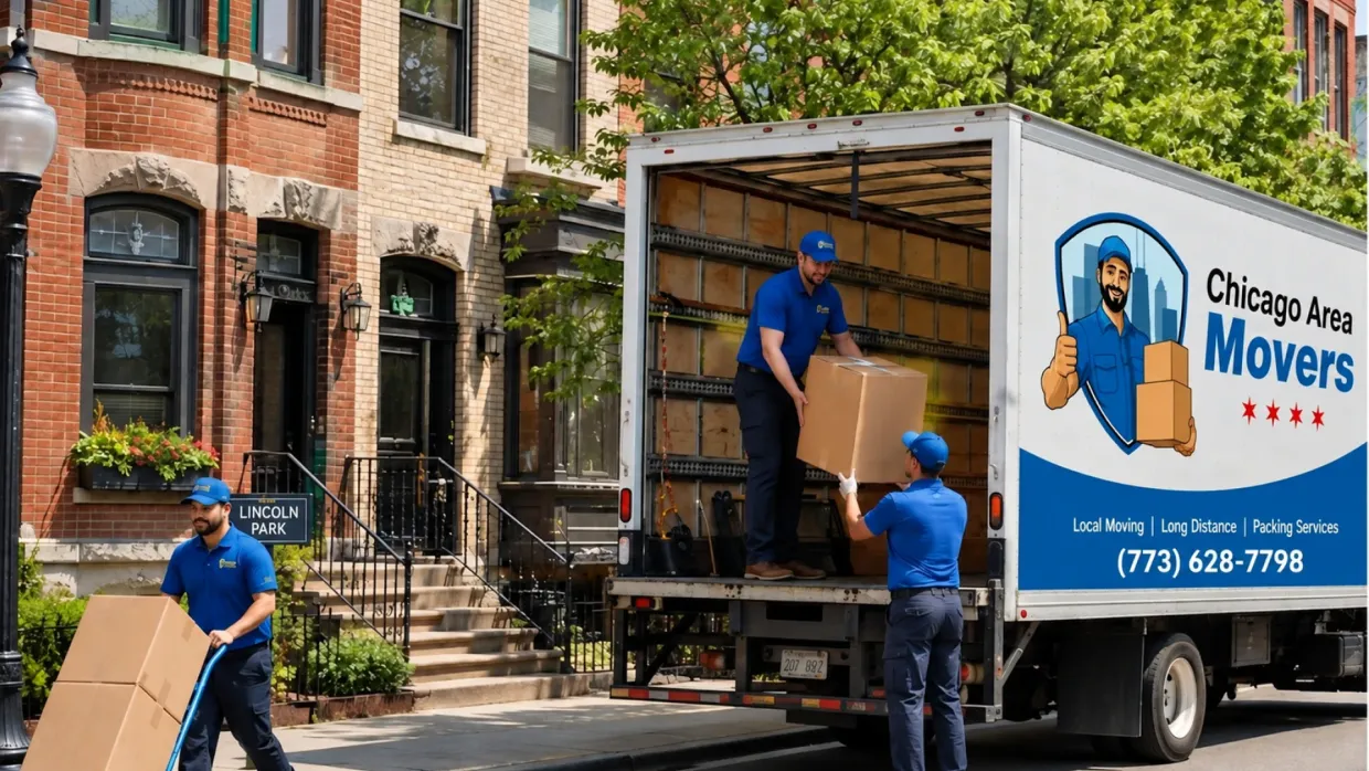 Chicago Area Movers crew loading boxes into a branded truck on a Lincoln Park street