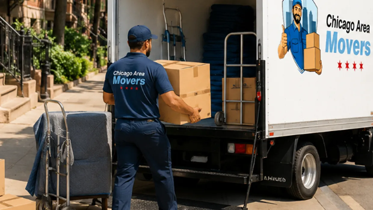 Chicago Area Movers crew member carrying a box to a truck with a wrapped chair on a hand truck nearby