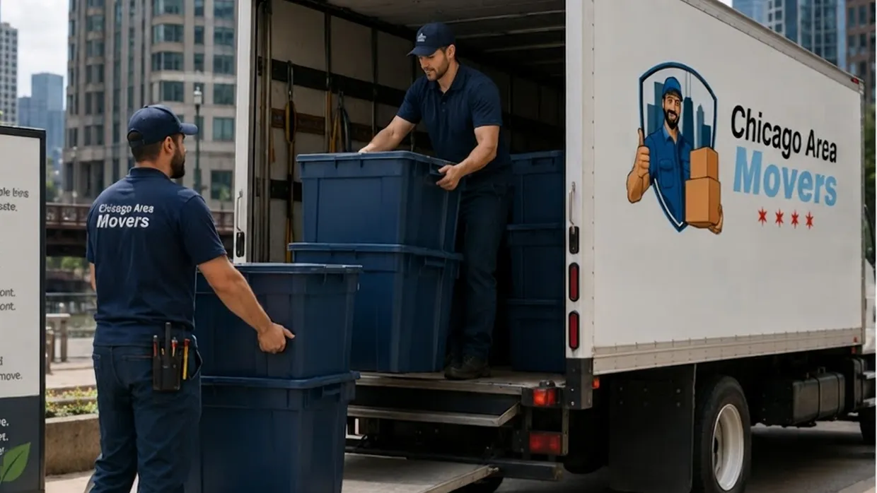 Chicago Area Movers crew loading blue storage bins onto a truck beside the Chicago River