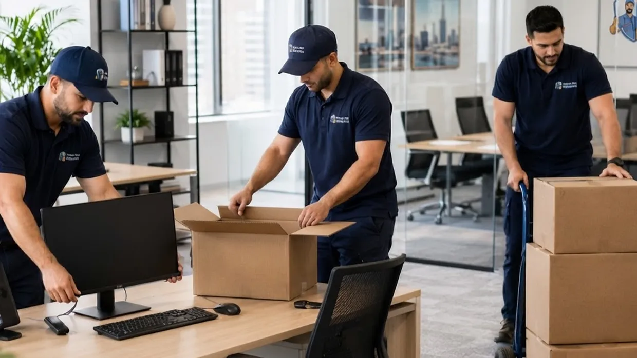 Movers in navy uniforms packing a monitor and boxes inside a modern office with glass partitions