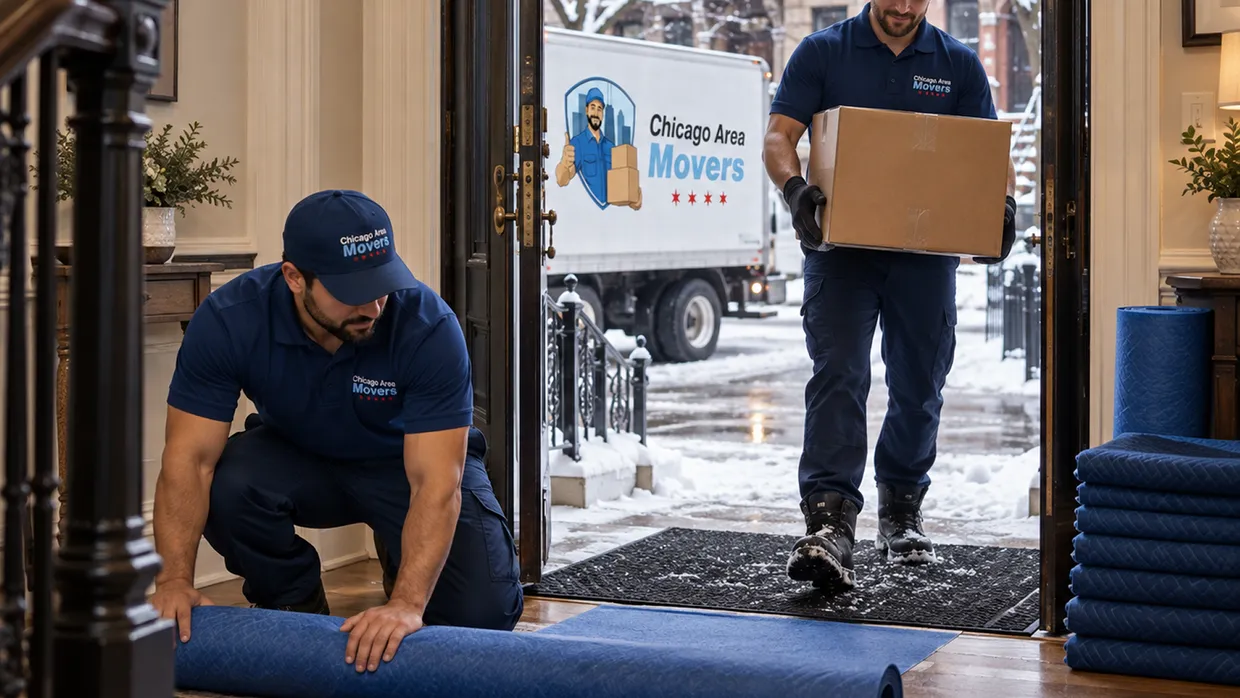Chicago Area Movers crew rolling out floor protection in a historic home entry while a mover carries a box