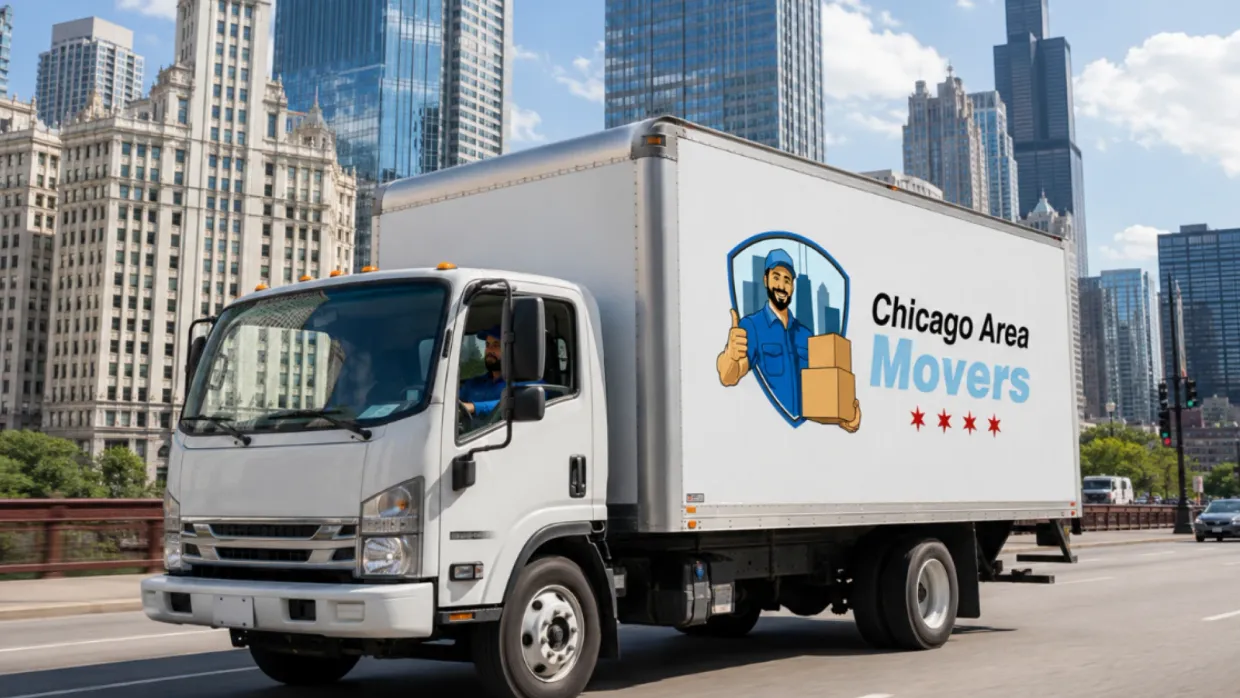 Chicago Area Movers box truck driving across a bridge past downtown Chicago buildings and the Willis Tower