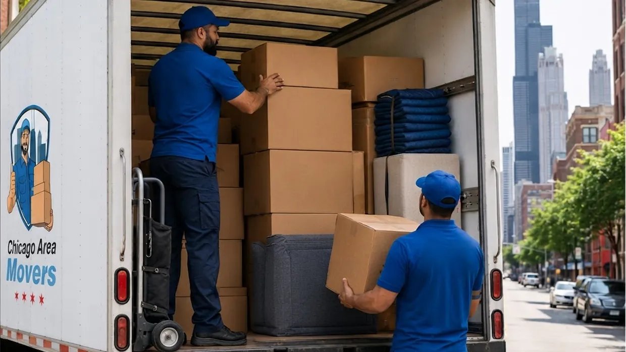 Chicago Area Movers crew loading a branded truck with boxes, blankets and a wrapped chair on a Chicago street