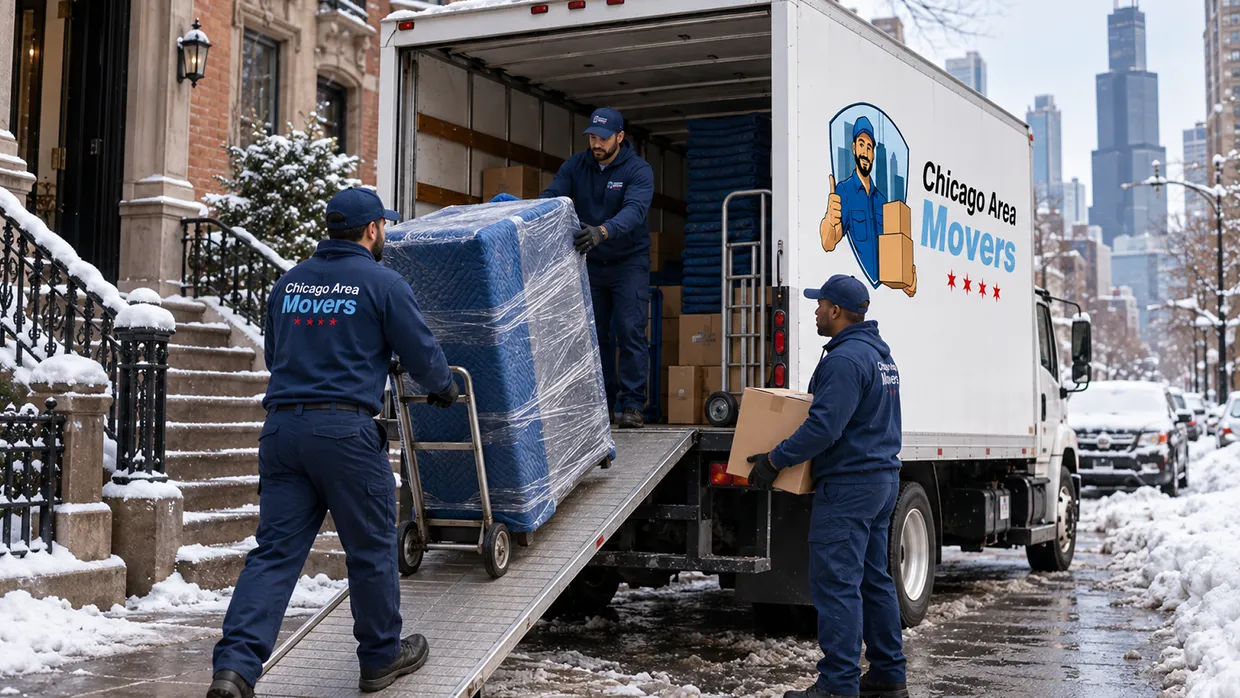 Chicago Area Movers crew moving a wrapped mattress down a truck ramp on a snowy Chicago street