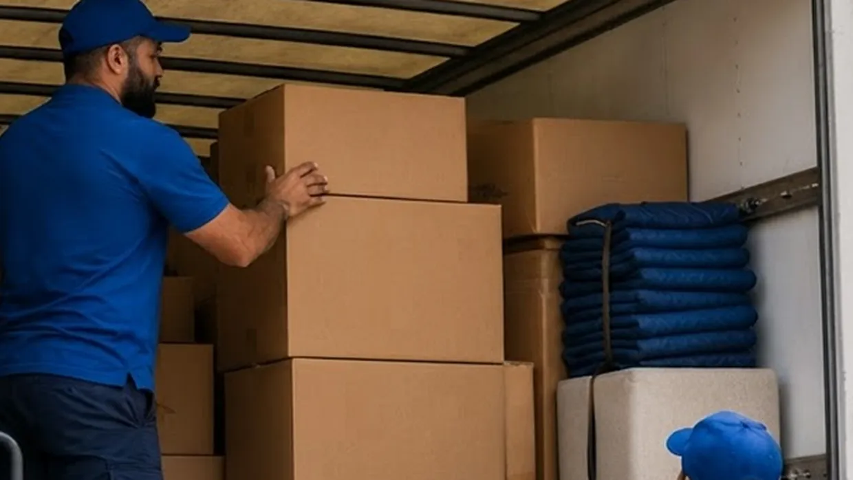Mover stacking boxes inside a truck beside a pile of folded moving blankets
