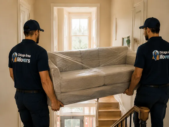 Movers carrying a wrapped couch through a Chicago home