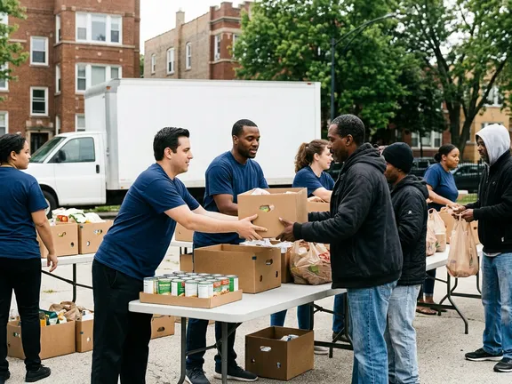 Chicago Area Movers crew handing out food donation boxes