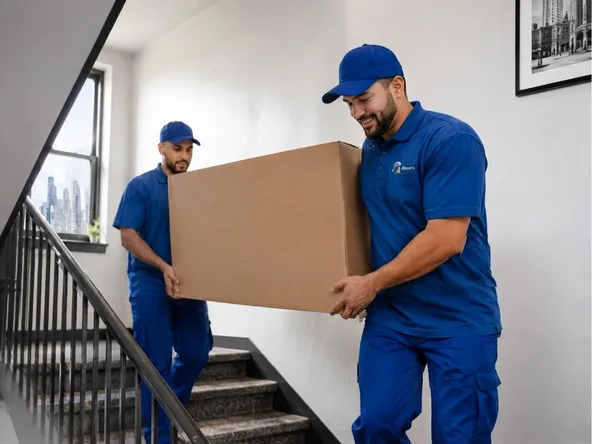 Movers carrying a large box up a staircase