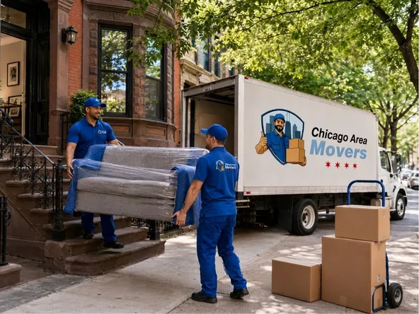 Movers carrying furniture into a Chicago home