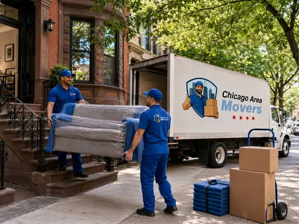 Movers carrying a wrapped item into a Chicago Area Movers truck