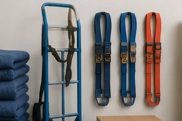 Moving blankets and tie-down straps hanging in a storage area